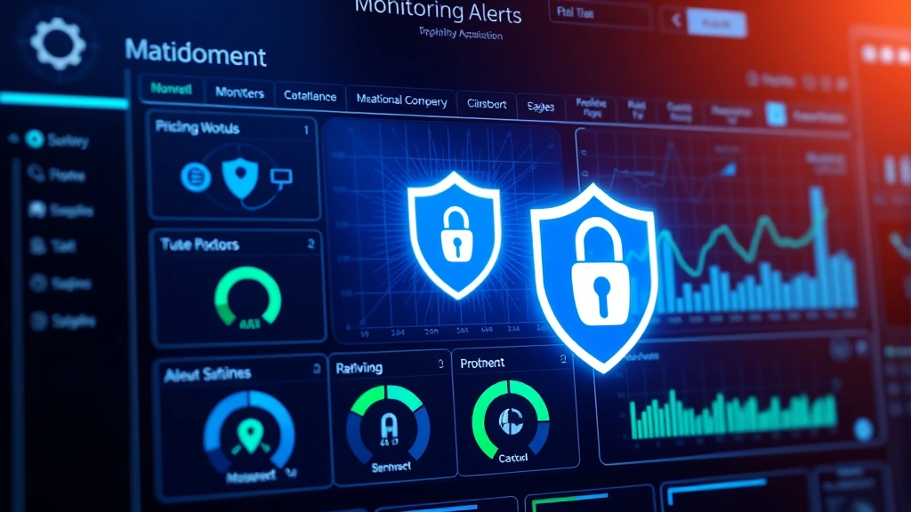 Digital security dashboard showing monitoring alerts and protection status, abstract cybersecurity interface, blue and green security indicators, modern data protection visualization