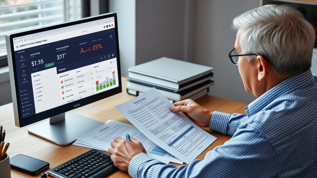 Older person reviewing financial documents at desk with computer showing credit monitoring dashboard, alert notifications visible on screen