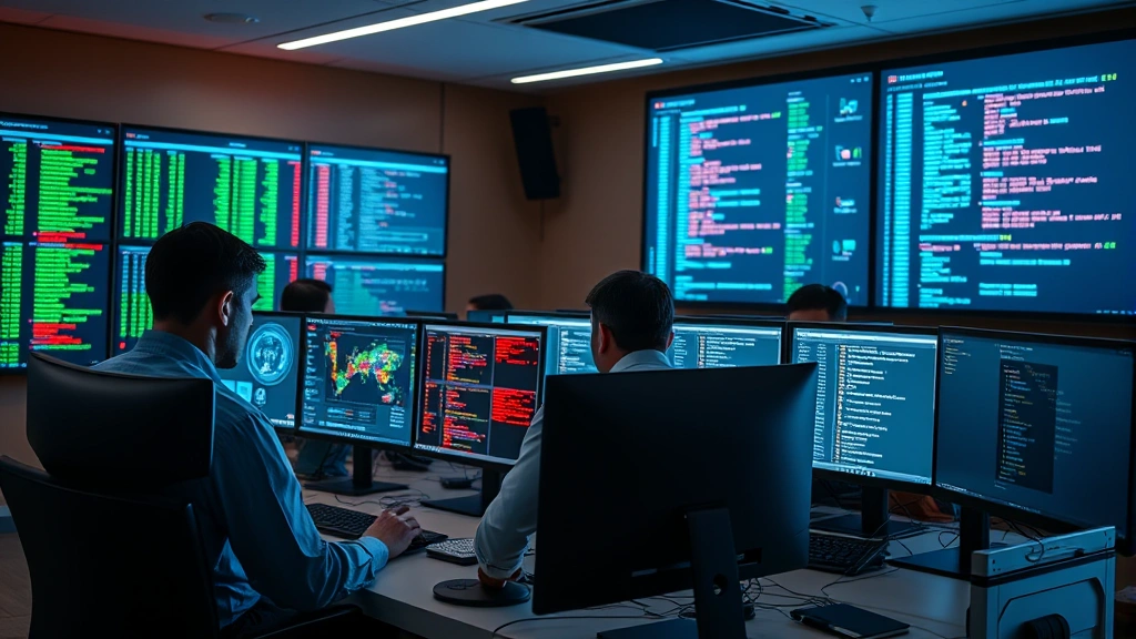 Team of cybersecurity experts analyzing threat data and security logs in a modern operations center, collaborative environment with multiple workstations displaying security information