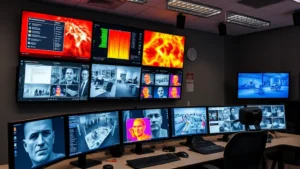 Professional security monitoring center with multiple displays showing real-time fire alarm system status, thermal imaging, and facility surveillance feeds in a modern command center environment