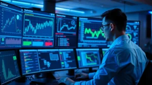 Professional cybersecurity analyst monitoring multiple security dashboard displays showing network traffic patterns and threat alerts in a modern operations center with blue lighting, photorealistic, no text