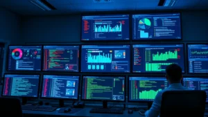 Cybersecurity professional monitoring network security dashboard with multiple screens displaying real-time threat detection alerts and firewall logs in a modern command center with blue and green data visualizations
