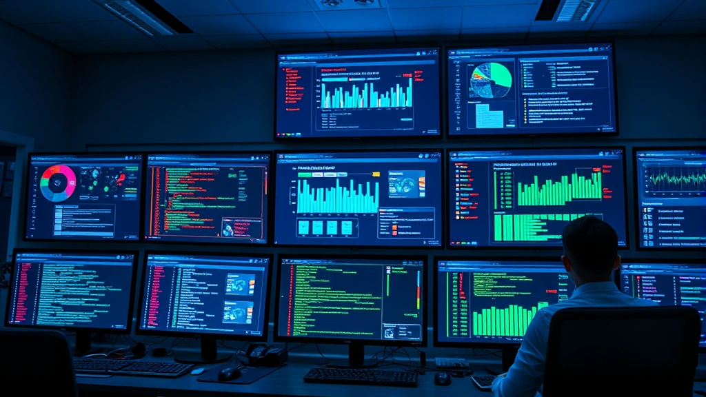 Cybersecurity professional monitoring network security dashboard with multiple screens displaying real-time threat detection alerts and firewall logs in a modern command center with blue and green data visualizations