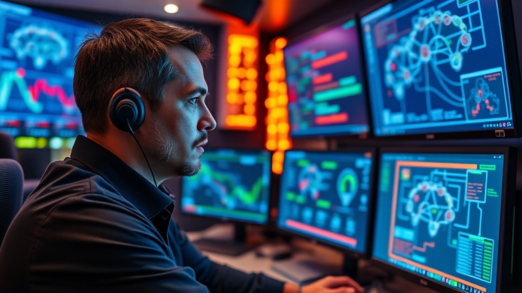 Professional cybersecurity analyst monitoring fire protection system infrastructure on multiple screens in a modern security operations center, serious focused expression, blue and amber lighting, showing network diagrams and sensor data without visible text or code