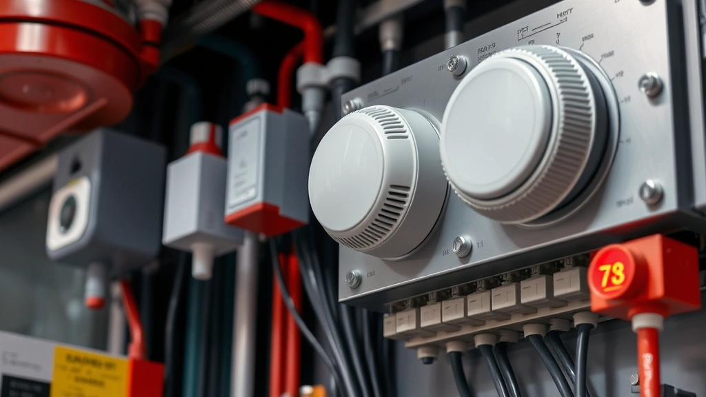 Close-up of fire detection sensors and control panel equipment integrated with network security components, showing modern integrated fire protection infrastructure in a commercial building environment, professional industrial setting