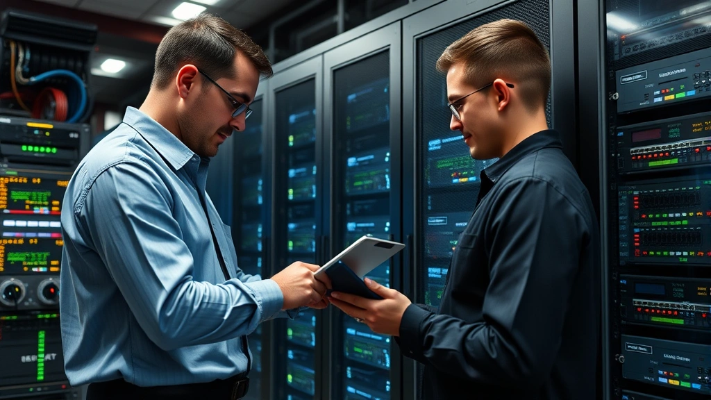 Security professional implementing network segmentation for fire systems, examining network equipment and security appliances in a server room, focused on critical infrastructure protection, professional data center environment