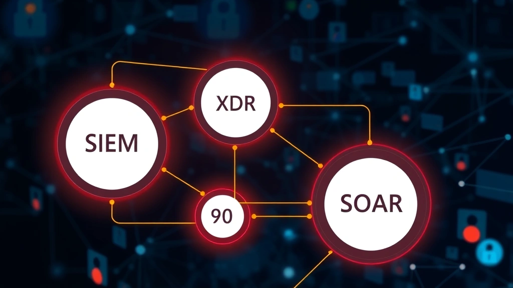 Digital illustration of interconnected security systems with nodes representing SIEM, XDR, and SOAR platforms connected by flowing data streams. Abstract representation of threat intelligence integration and automated response orchestration across enterprise infrastructure.