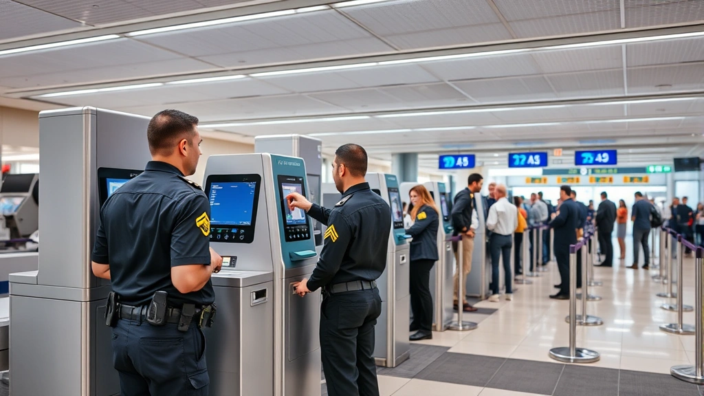 Professional security checkpoint with modern biometric scanning equipment, officers in uniform monitoring digital displays, streamlined queue management, contemporary facility design, clean and organized processing area, photorealistic daytime setting