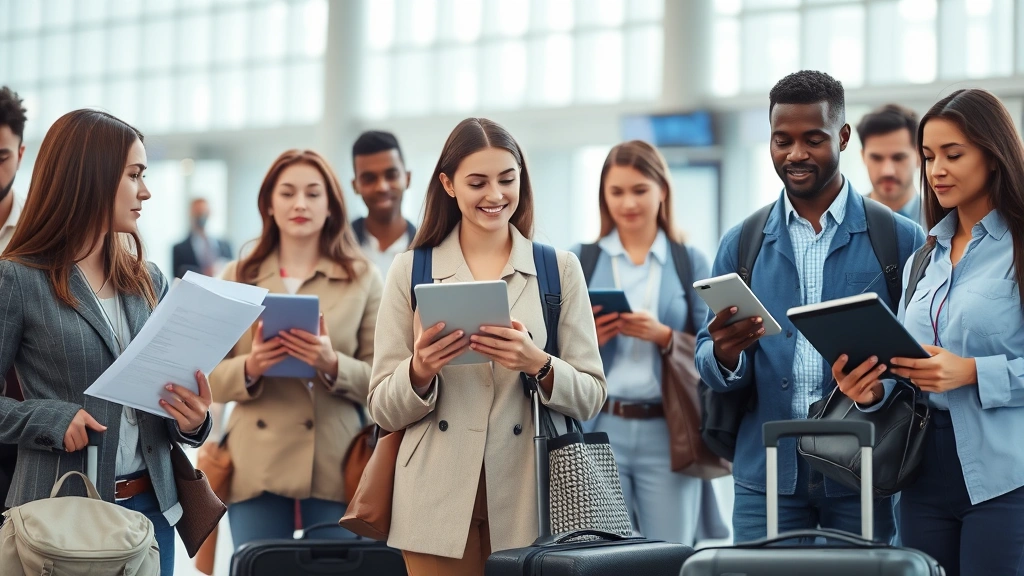 Diverse group of travelers prepared with organized documents and digital devices, showing proper security screening readiness, calm professional demeanor, organized luggage and belongings, modern airport or facility environment, natural lighting