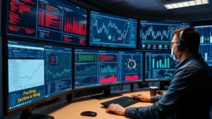 Cybersecurity analyst monitoring multiple security dashboards displaying real-time threat detection alerts, network traffic patterns, and bot activity metrics on large screens in a modern security operations center
