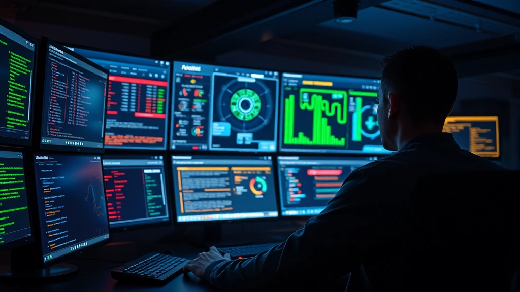 Cybersecurity professional monitoring multiple security dashboards with glowing indicators showing network threats and bot status in a dimly lit command center environment