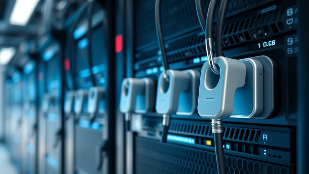 Close-up of sophisticated server hardware with security locks and monitoring cables, representing secure infrastructure protecting automated security systems