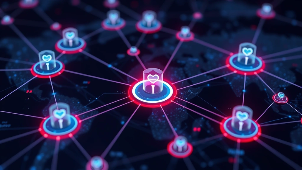 Network visualization showing interconnected nodes and data flows with security bot icons protecting gateway points, displaying real-time threat detection and response mechanisms