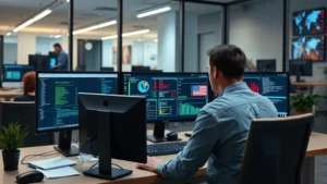 Cybersecurity analyst monitoring multiple screens displaying real-time security alerts and threat dashboards in a modern SOC environment, professional office setting