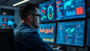 Professional cybersecurity analyst monitoring multiple computer screens displaying security dashboards and threat detection alerts in a modern corporate security operations center, focused concentration, blue and amber data visualizations