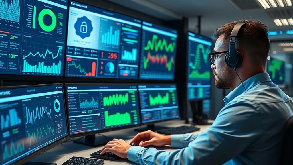 Professional cybersecurity analyst monitoring multiple dashboard screens showing real-time threat detection and security metrics in a modern corporate security operations center with blue and green data visualizations