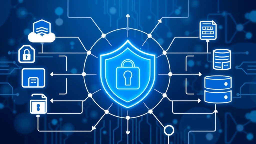 Padlock and security shield icons surrounding encrypted data flow between interconnected business systems and databases, representing secure integration and data protection in marketing technology stacks, clean modern design