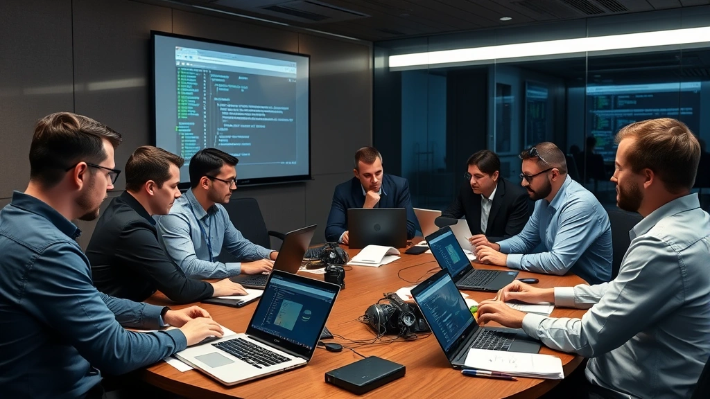 Team of security professionals in a conference room conducting incident response tabletop exercise with laptops and documentation, collaborative problem-solving atmosphere, professional business environment