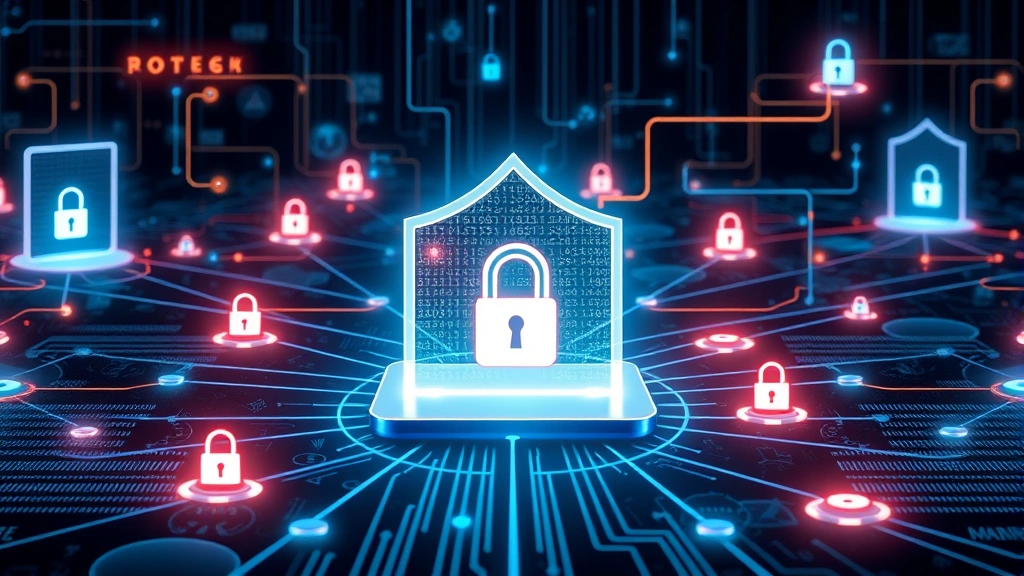 Network security infrastructure visualization showing interconnected systems, encrypted data flows, and protective barriers around a central marketing technology platform with lock symbols