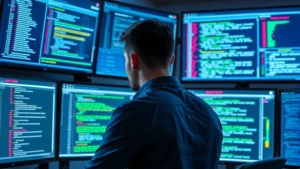 Professional cybersecurity analyst monitoring email threats on multiple screens in a modern security operations center, displaying network activity and threat indicators