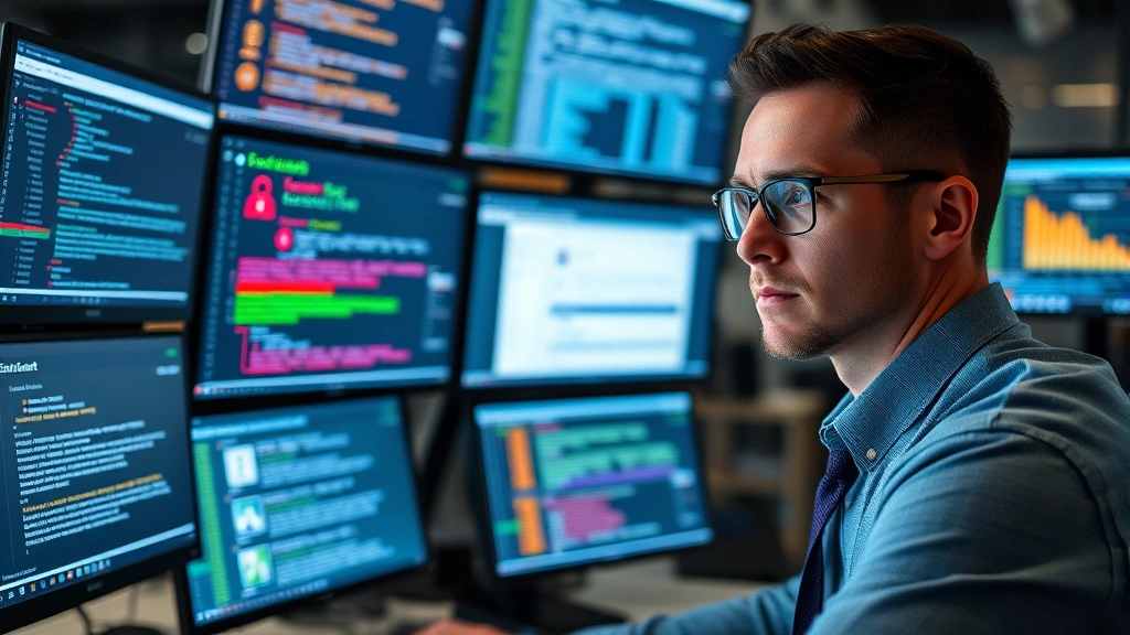 Cybersecurity professional monitoring email security alerts on multiple screens in a modern SOC environment, serious expression, professional attire, data visualizations and threat indicators visible in background