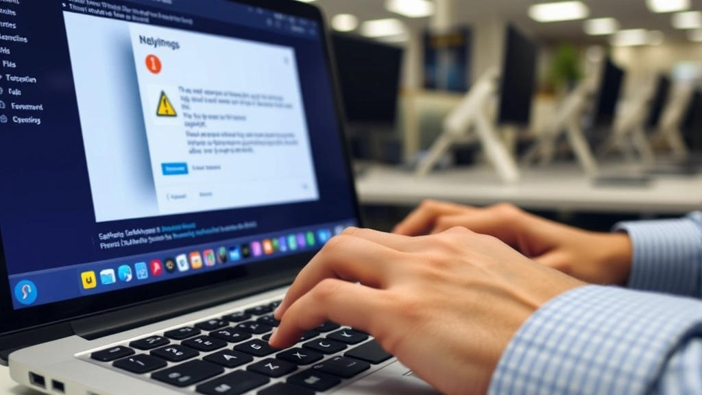 Close-up of hands typing on keyboard with suspicious email notification popup appearing on laptop screen, showing warning symbols and security alerts in office environment