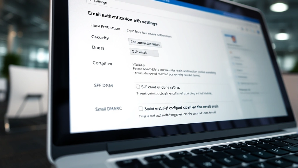 Close-up of a laptop screen showing email authentication settings with SPF DKIM DMARC configuration interface, professional office environment, focus on security protocol setup