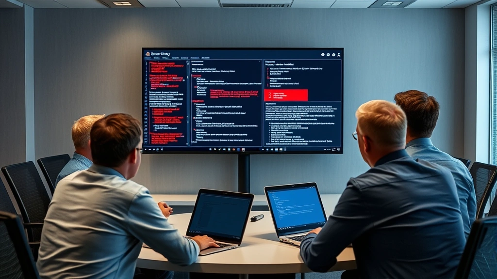 Team of security professionals in conference room reviewing email security incident on large display monitor, analyzing phishing campaign patterns and threat intelligence data