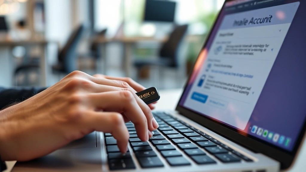 Person using hardware security key for email account access, modern office setting, hands typing on keyboard with physical security token visible, representing multi-factor authentication implementation