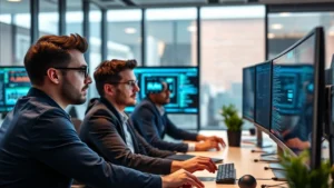 Professional cybersecurity team analyzing threat intelligence on multiple monitors in modern office environment, focused expressions, collaborative atmosphere, advanced security operations center