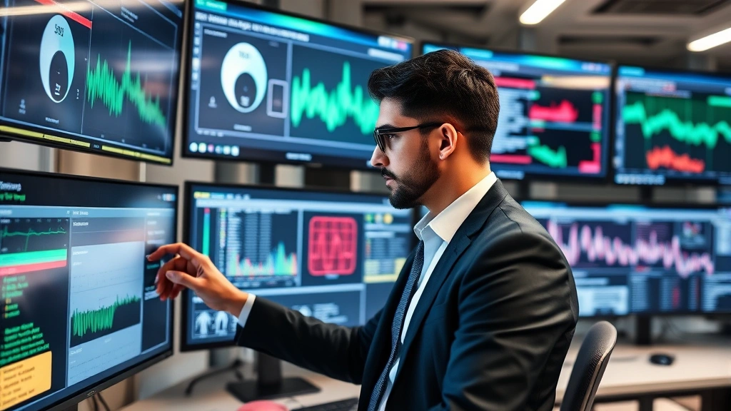 Security professional in modern tech workspace reviewing threat detection alerts and anomalous behavior reports on sophisticated monitoring platform, professional attire, focused concentration