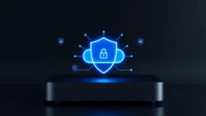 Professional home security hub with encrypted cloud connectivity displayed as digital shield, sleek modern design, dark background with blue cybersecurity indicators, photorealistic setup
