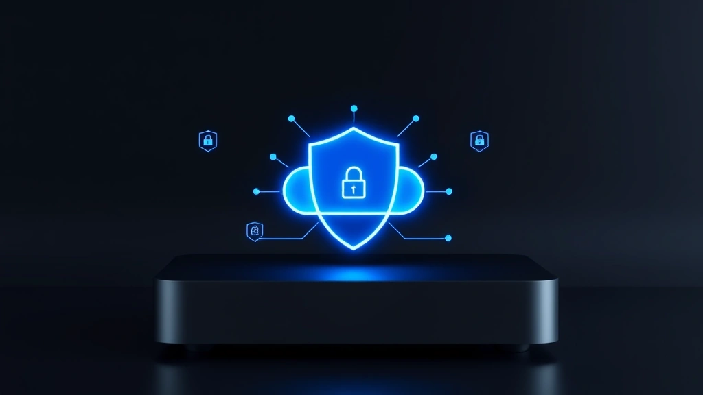 Professional home security hub with encrypted cloud connectivity displayed as digital shield, sleek modern design, dark background with blue cybersecurity indicators, photorealistic setup