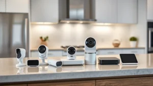 Modern home security hub with sensors and smart devices on contemporary kitchen counter, professional photography, showing modern residential security setup with clean minimalist design