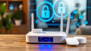 A modern smart home security hub with blue LED indicators and wireless sensors on a wooden table with blurred secure digital background showing encryption symbols and lock icons