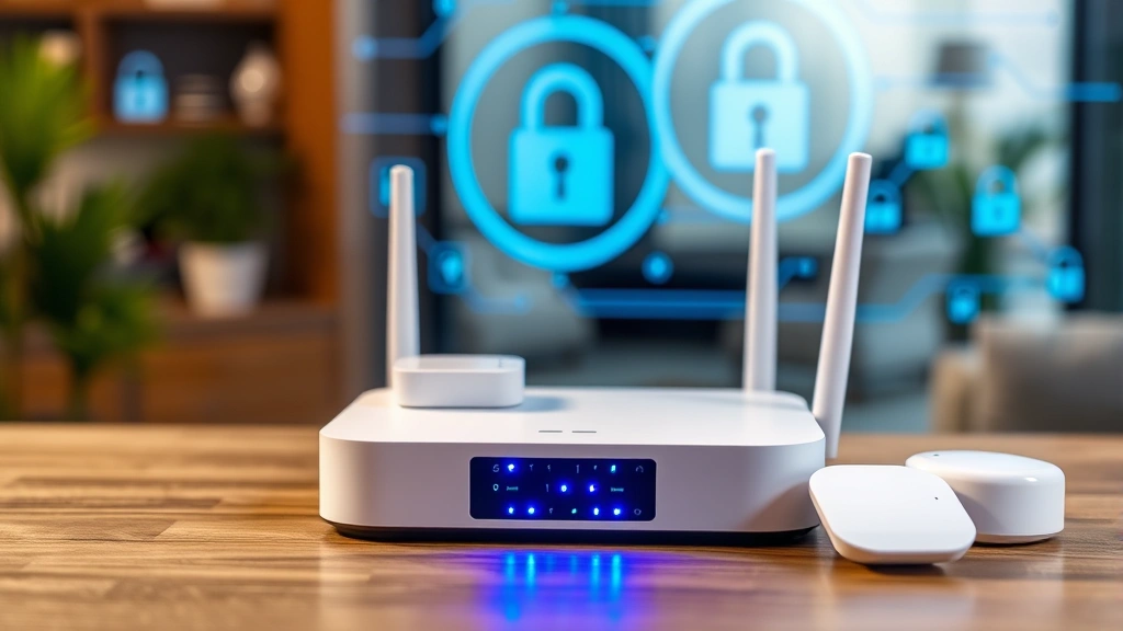 A modern smart home security hub with blue LED indicators and wireless sensors on a wooden table with blurred secure digital background showing encryption symbols and lock icons