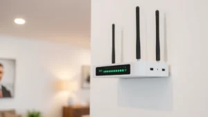 Professional security hub device with LED indicators and antenna, mounted on white wall in modern home interior, showing connectivity status lights and professional installation setup