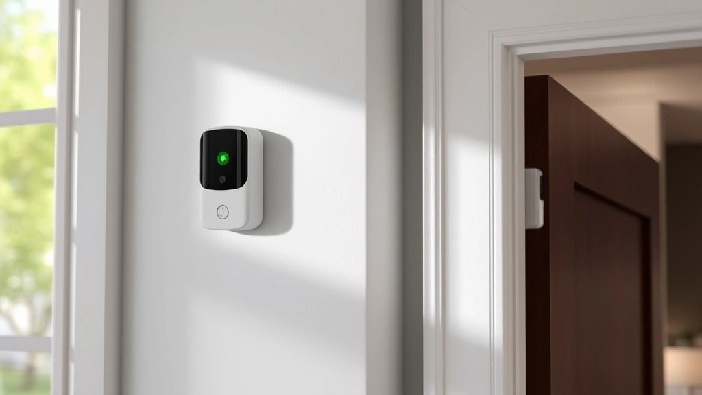 Motion detection sensor mounted on wall corner near door frame, subtle green LED indicator, modern home interior with natural lighting, no text visible