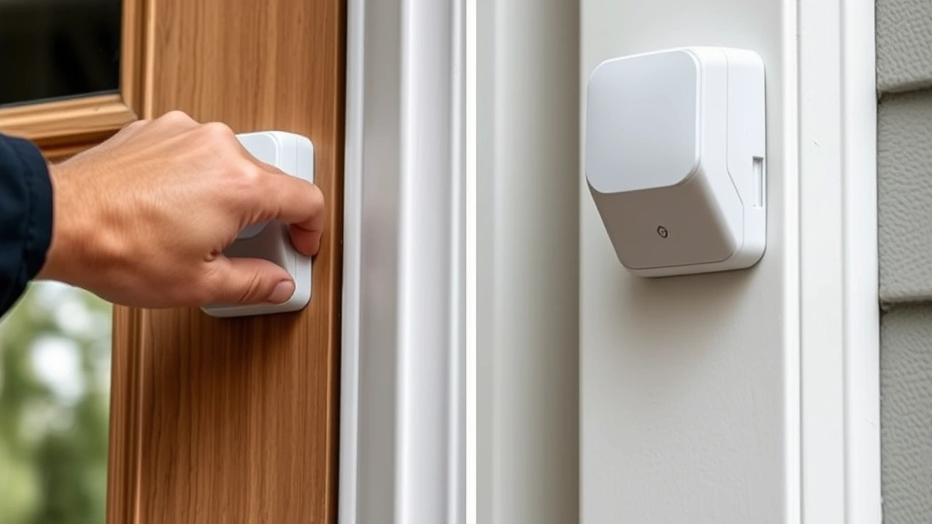 Close-up of wireless door and window sensors being installed on residential entry points, professional installation imagery, showing proper security sensor placement and modern smart home technology