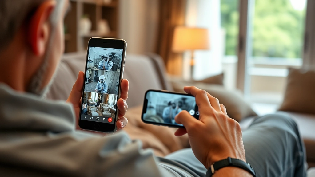 Homeowner viewing security camera feeds on smartphone while sitting on couch, showing multiple camera angles and real-time monitoring dashboard with motion alerts displayed