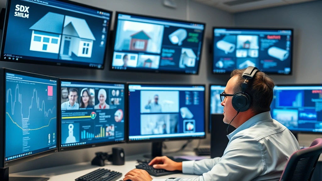 Security monitoring center professional at workstation with multiple screens displaying home security alerts and real-time monitoring data, cybersecurity professional environment, showing modern security operations