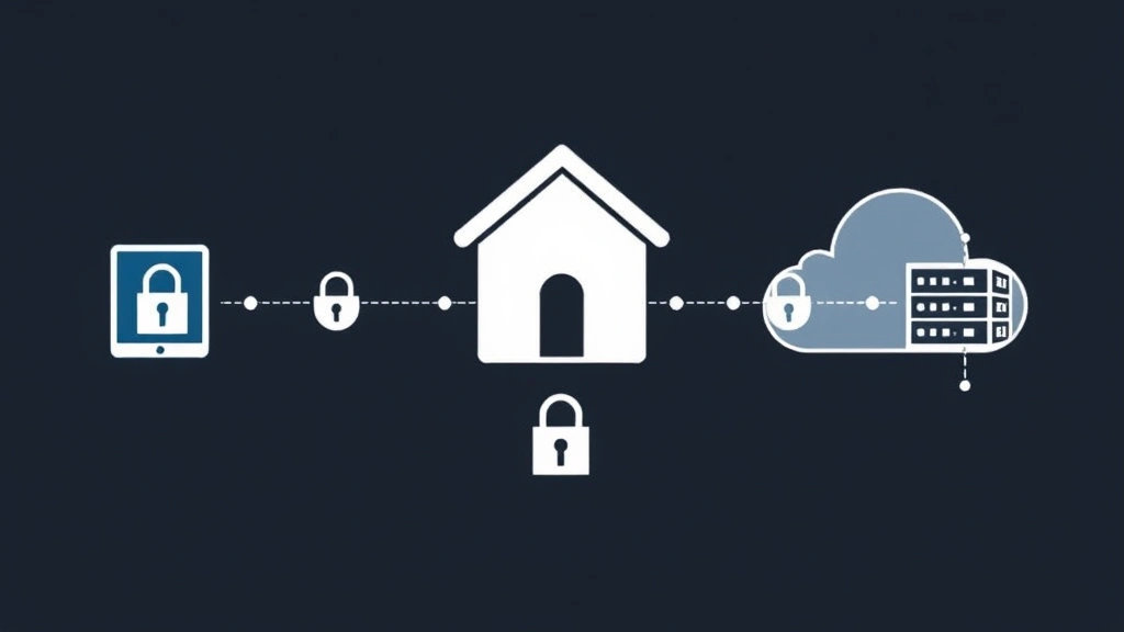 Network diagram visualization showing encrypted communication between home security hub, mobile device, and cloud servers with padlock symbols and data flow arrows