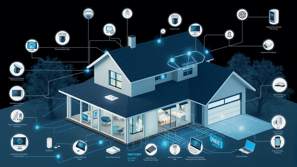 Comprehensive home security network diagram visualization showing interconnected sensors, cameras, and smart devices throughout a residential property with digital connection pathways