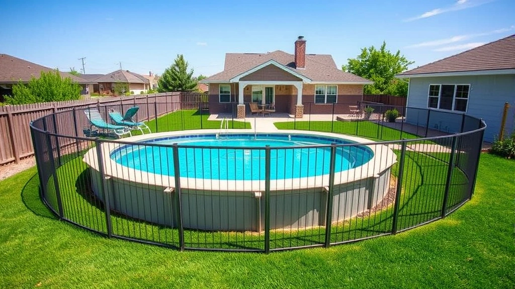 Overhead view of residential backyard with above ground pool surrounded by aluminum fence barrier on sunny day, clear water visible, lush green lawn, family home in background