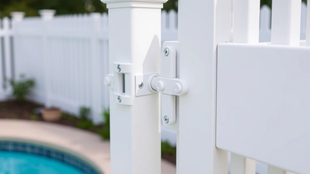Close-up of pool fence gate mechanism showing self-closing hinge and latch lock system on vinyl fence, professional installation, safety certified