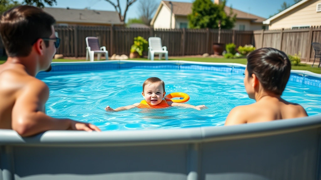 Child swimming in above ground pool with attentive adult supervisor watching from poolside, safety flotation device visible, residential backyard setting, sunny afternoon