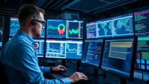 Professional cybersecurity expert analyzing security dashboards with multiple monitors displaying network traffic patterns and threat alerts in modern data center environment