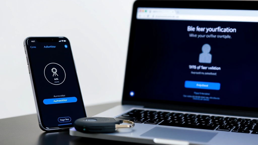 Multi-factor authentication setup showing smartphone with authenticator app, security key hardware device, and laptop login screen with biometric verification interface