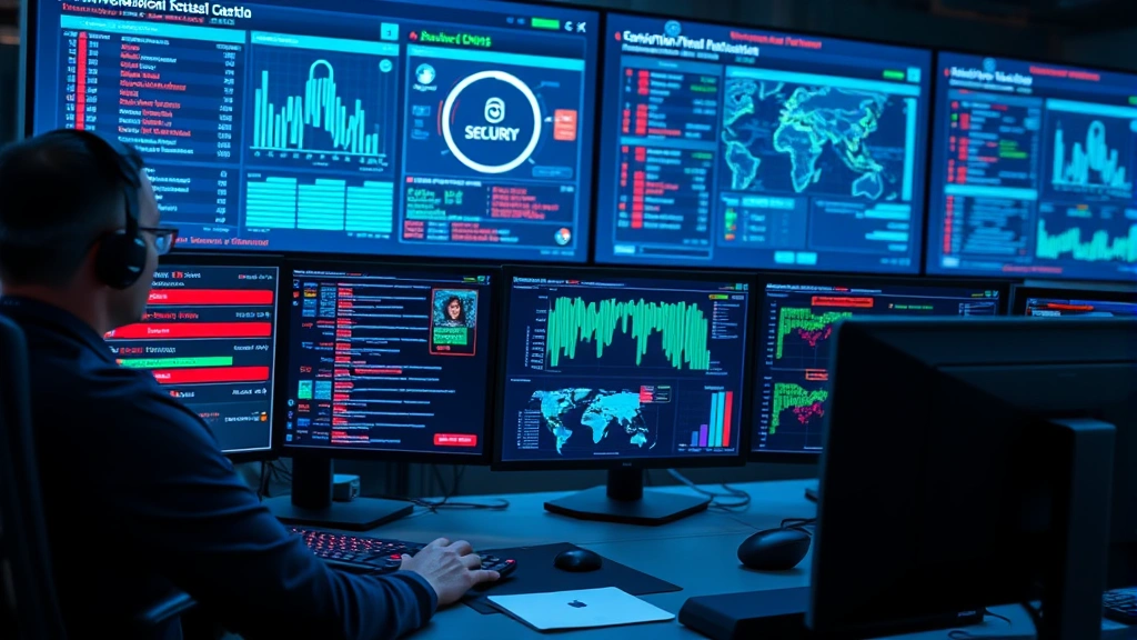 Professional cybersecurity analyst monitoring multiple network security dashboards with real-time threat alerts and encrypted data flows displayed on high-resolution screens in a modern security operations center