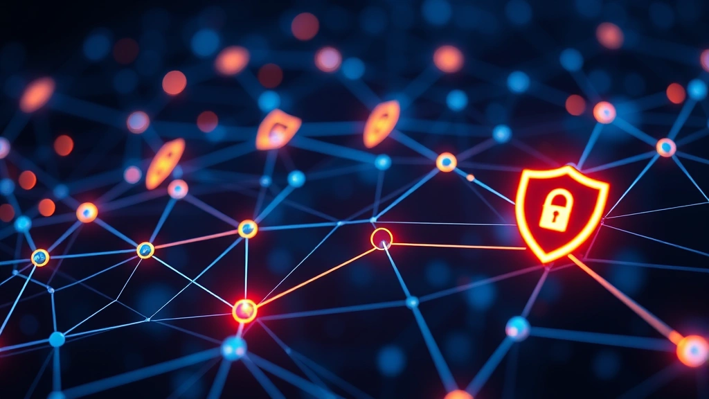 Interconnected digital network nodes with glowing connection lines representing secure encrypted communication pathways, with shield icons protecting critical infrastructure against cyber threats